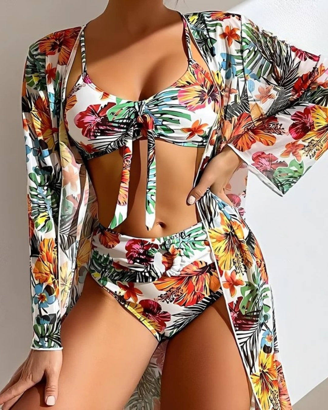 Biquíni + Saída Kimono Estampado Com Amarração e Calcinha Alta