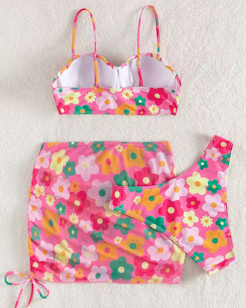 Biquíni + Saia Floral Com Top Meia Taça Estruturado