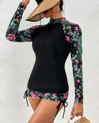 Conjunto Praia Shortinho Manga Longa Com Zíper Floral