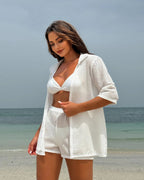 Conjunto Praia Camisa E Shorts Em Tricô Vazado Leve