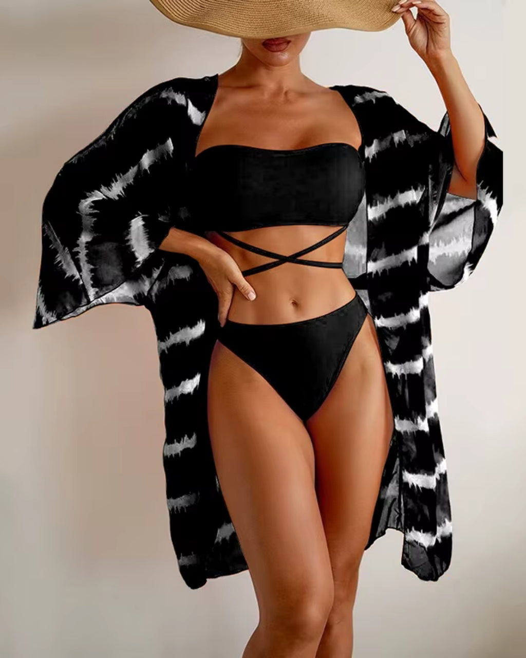 Biquíni + Saída de Praia Bandeau Com Amarração Estilo Resort