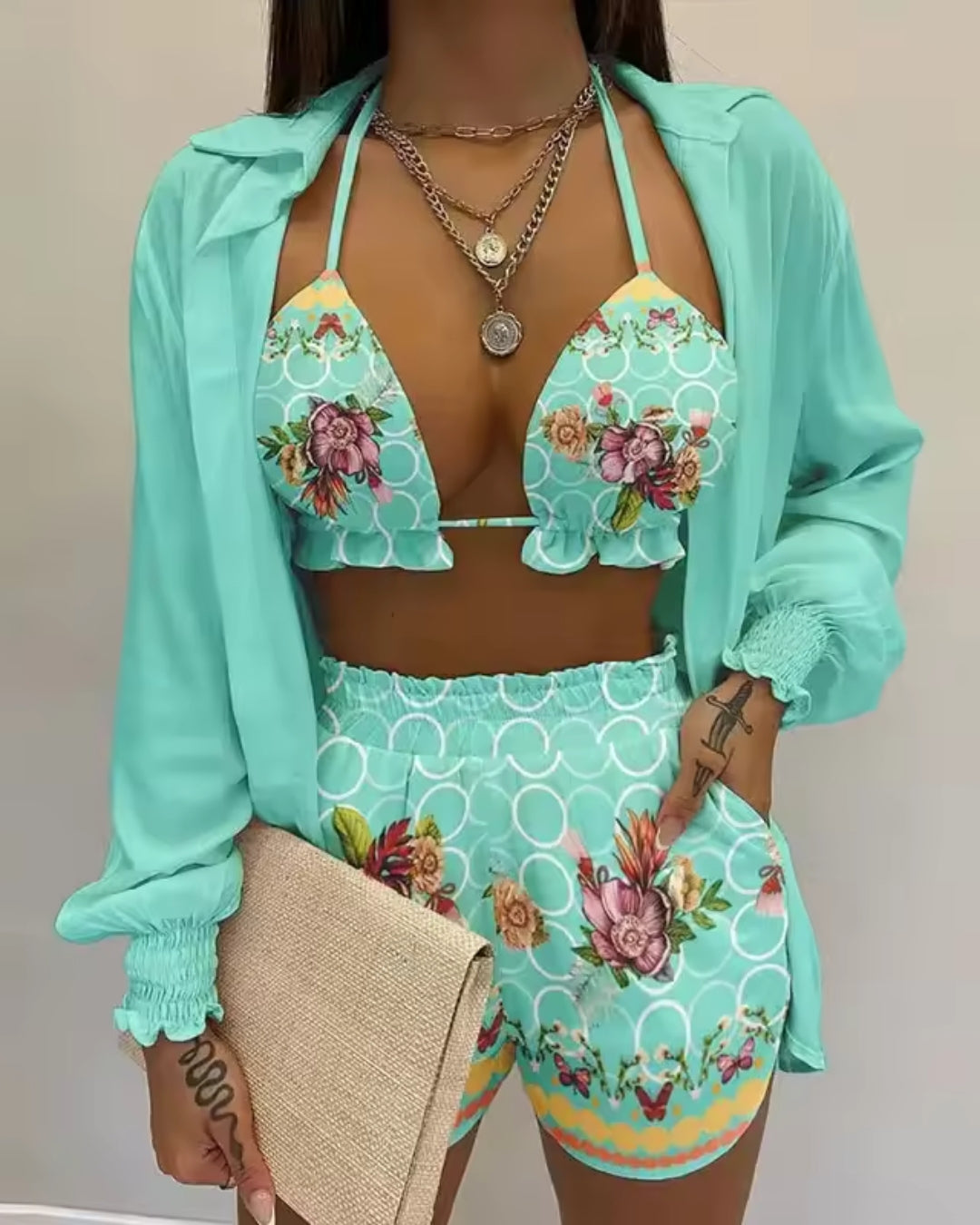 Conjunto Praia Shortinho + Kimono Estampado Resort
