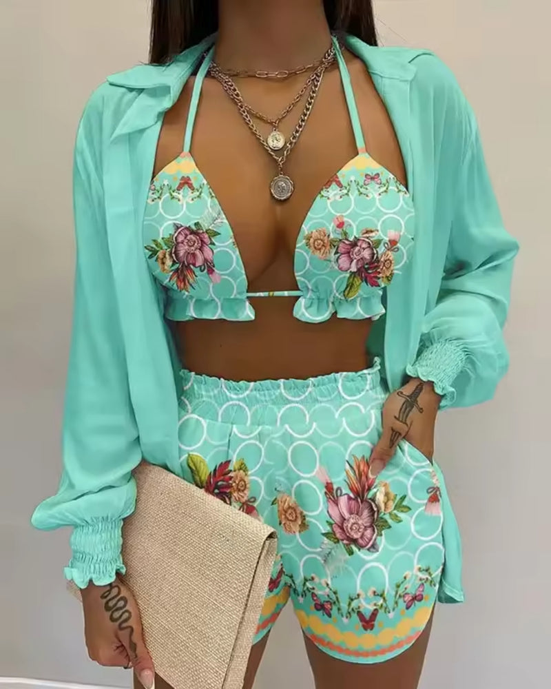 Conjunto Praia Shortinho + Kimono Estampado Resort