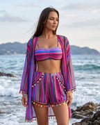 Conjunto Biquíni + Saída + Short Estampa Étnica 4 Peças