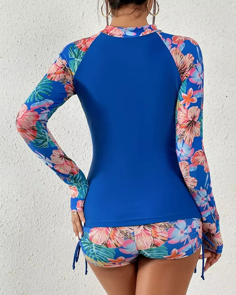 Conjunto Praia Manga Longa Com Shortinho Floral E Zíper