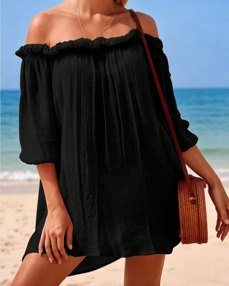 Saída de Praia Chemise Oversized Com Manga Bufante E Fendas