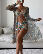 Biquíni + Saída de Praia Estampado Estilo Resort Retrô