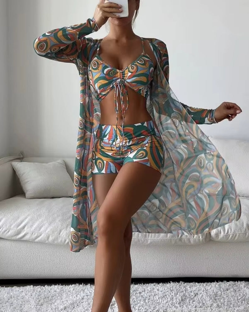 Biquíni + Saída de Praia Estampado Estilo Resort Retrô