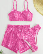 Conjunto Top Faixa E Calcinha + Short  Estampa Abstrata
