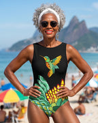 Maiô Regata Decote Alto Estampa Tropical Beija-Flor
