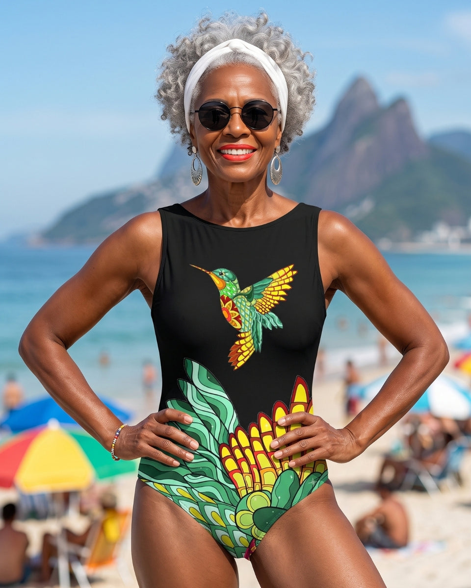 Maiô Regata Decote Alto Estampa Tropical Beija-Flor