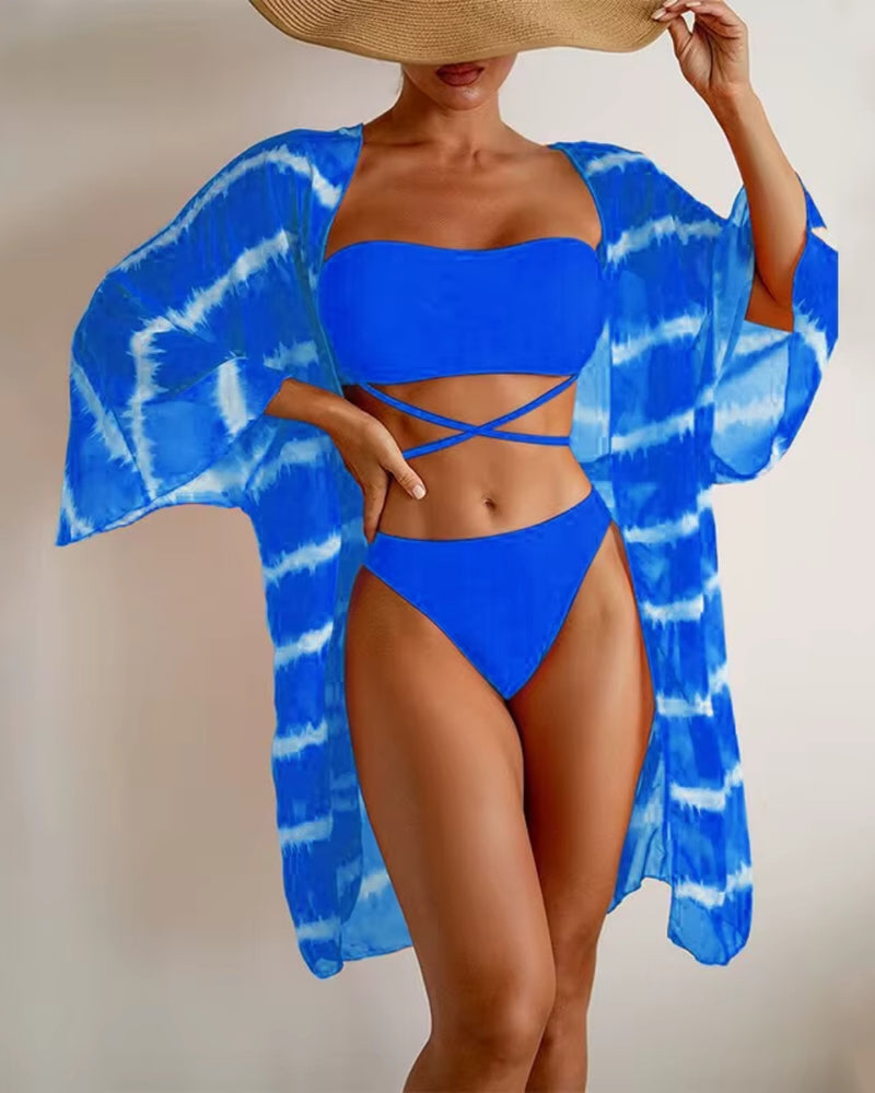 Biquíni + Saída de Praia Bandeau Com Amarração Estilo Resort