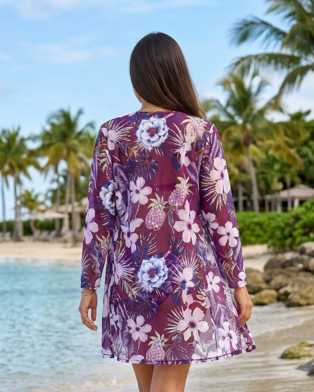 Biquíni + Saída de Praia Floral Estilo Resort Tropical
