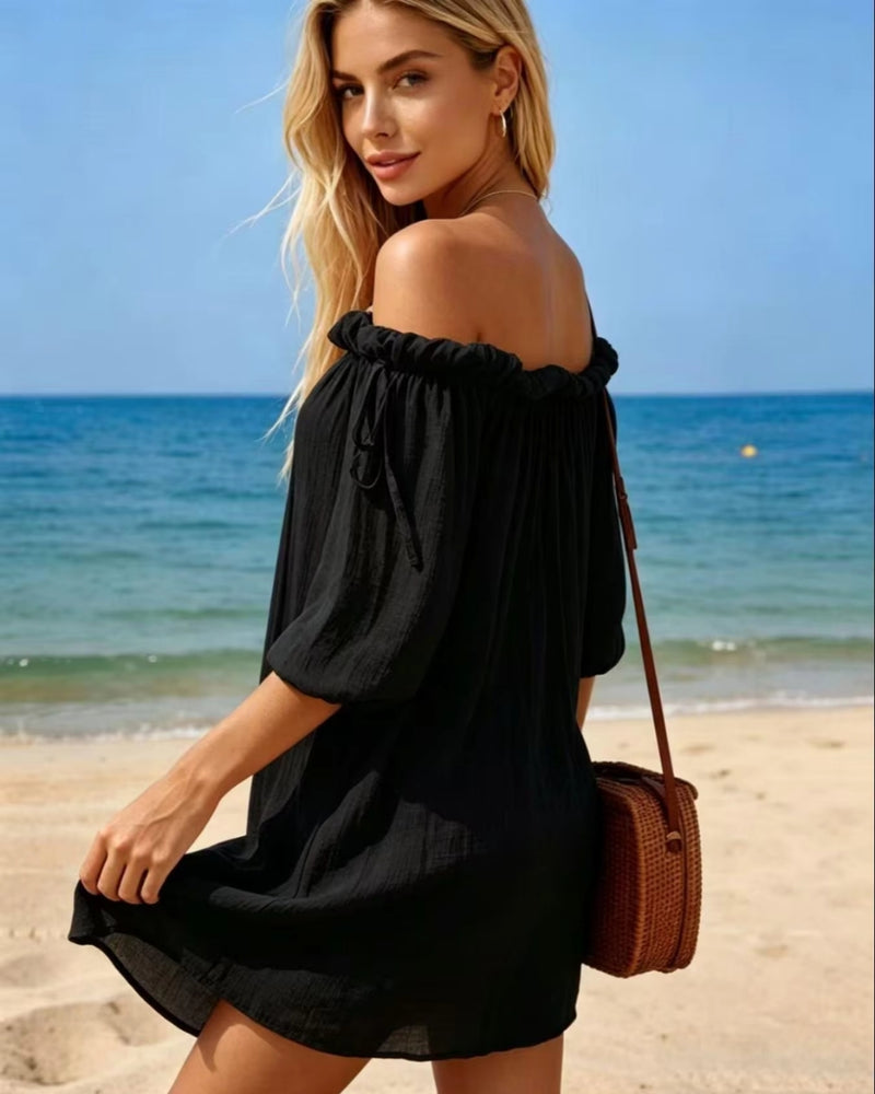 Saída de Praia Chemise Oversized Com Manga Bufante E Fendas