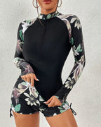 Conjunto Praia Shortinho Manga Longa Com Zíper Floral