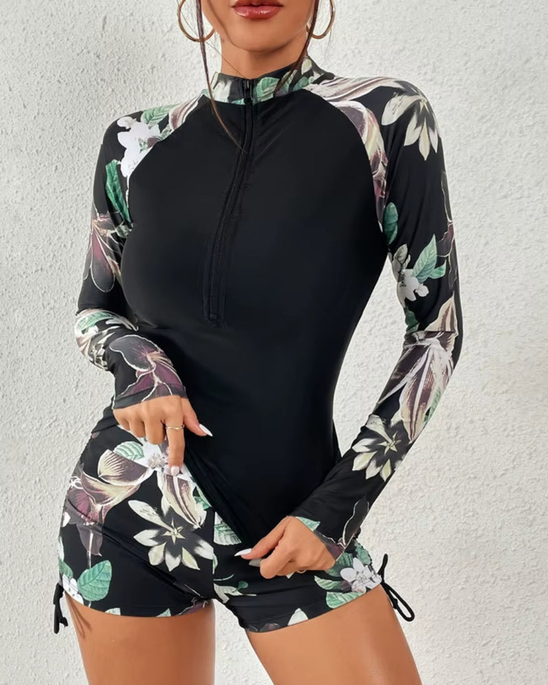 Conjunto Praia Shortinho Manga Longa Com Zíper Floral