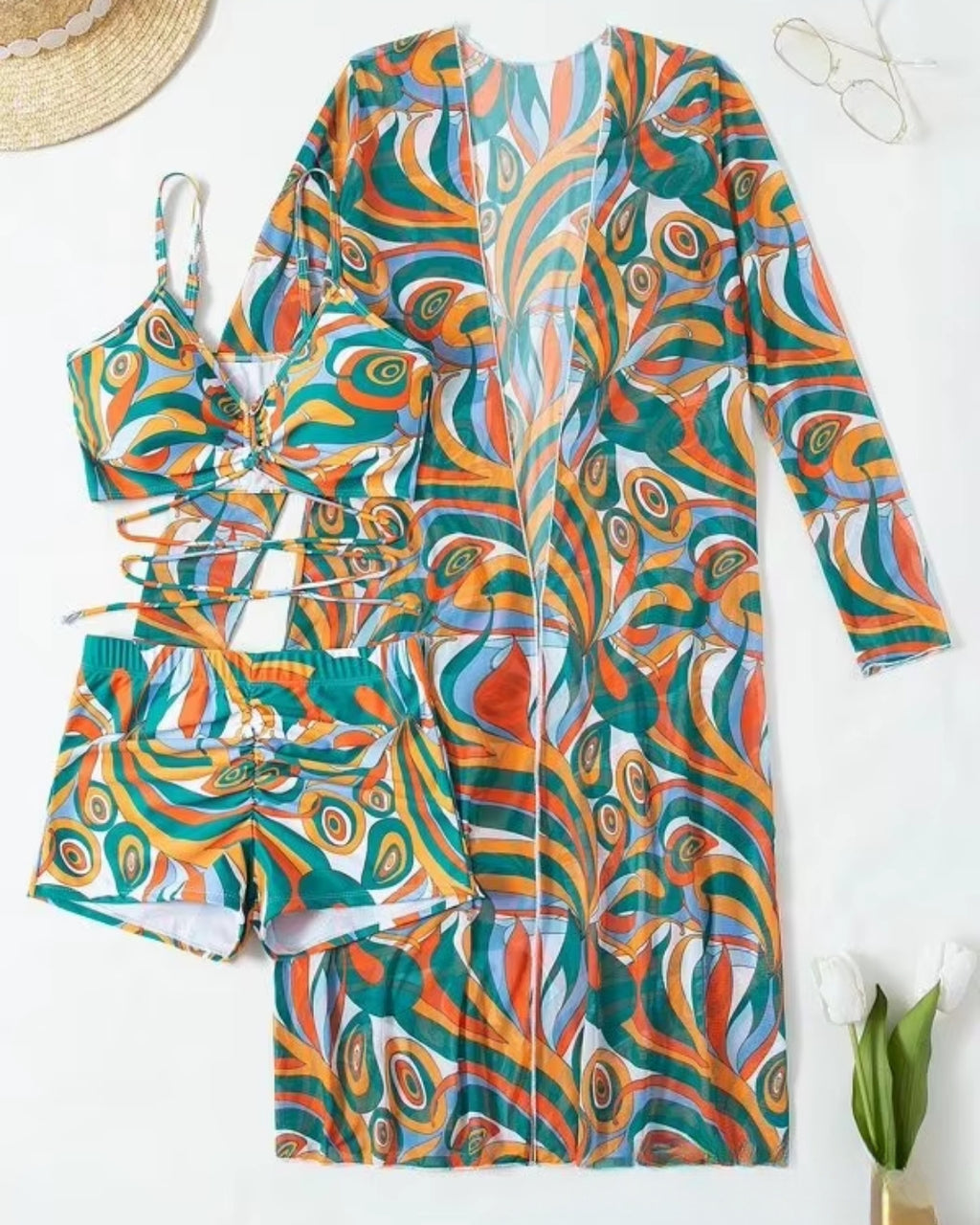 Biquíni + Saída de Praia Estampado Estilo Resort Retrô
