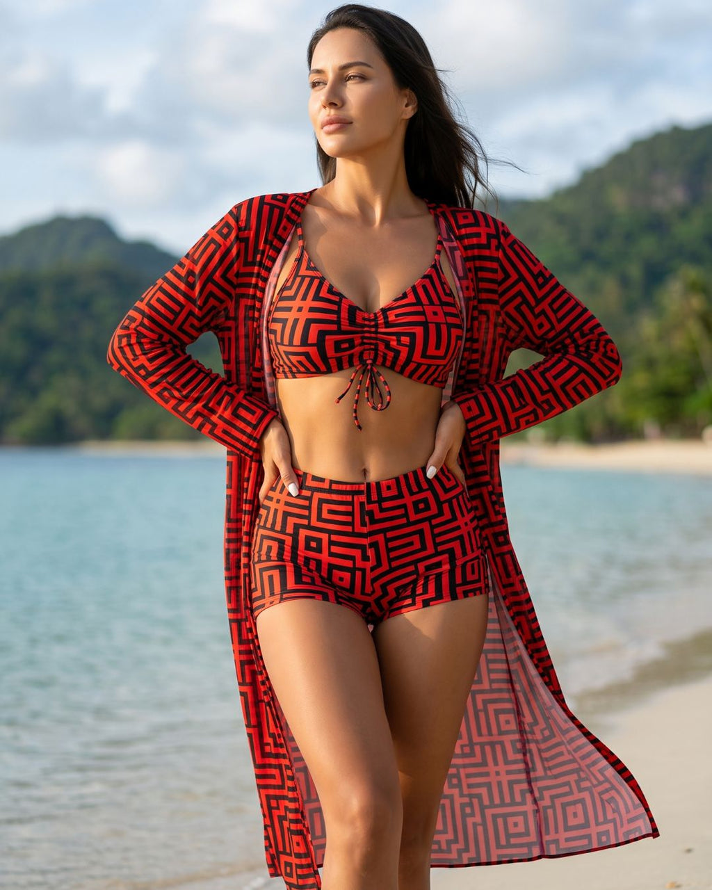 Conjunto Praia Com Short E Kimono Longo