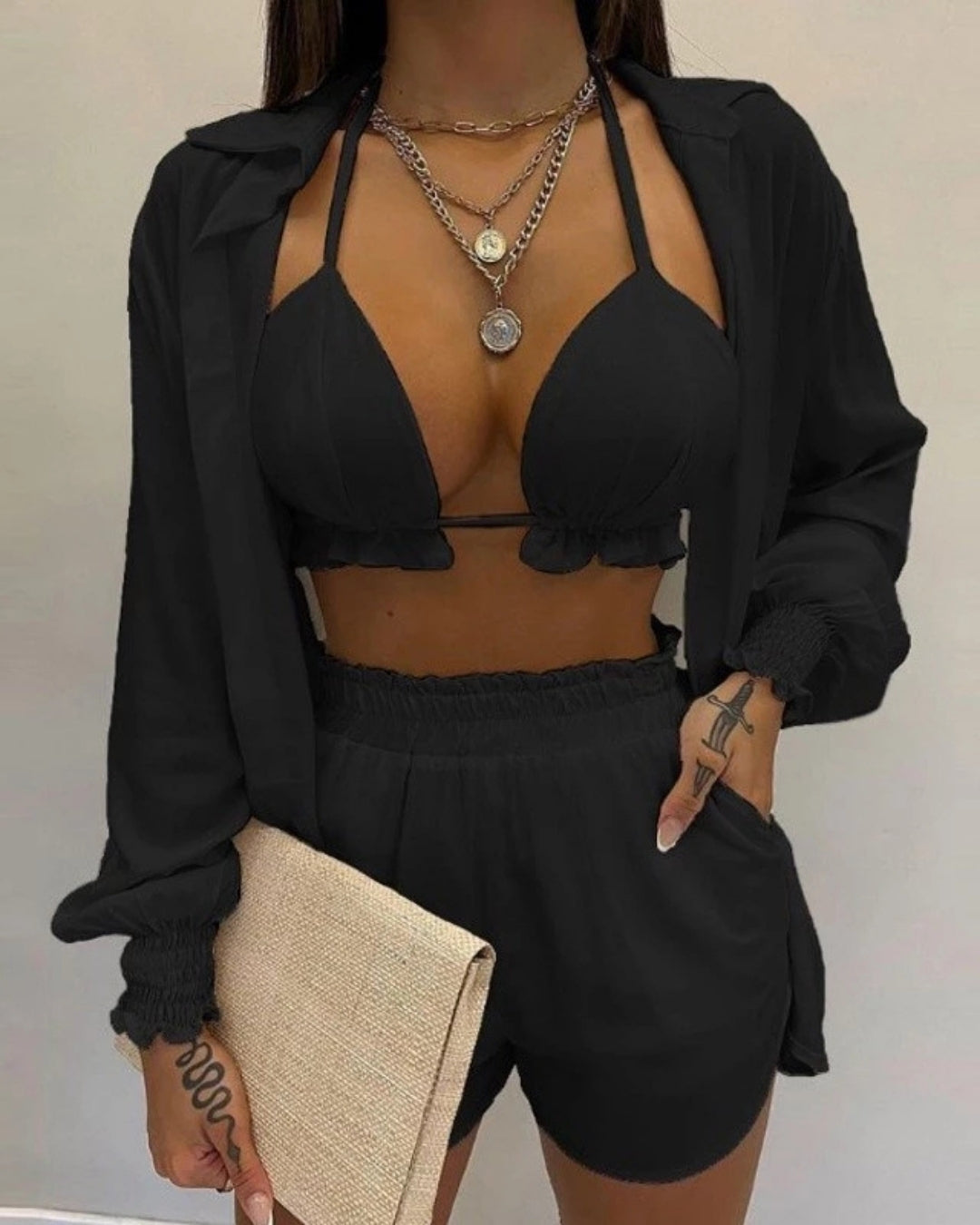 Conjunto Biquíni + Saída Short E Camisa Estampada Tropical