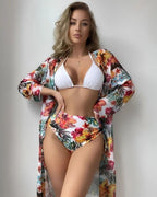 Conjunto Biquíni Top Com Amarração E Kimono Estampado