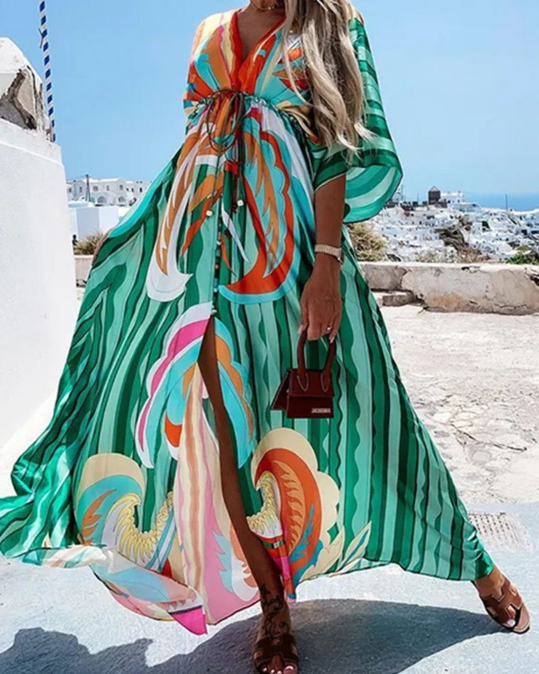 Saída De Praia Longa Estampada Com Decote V E Fenda Frontal
