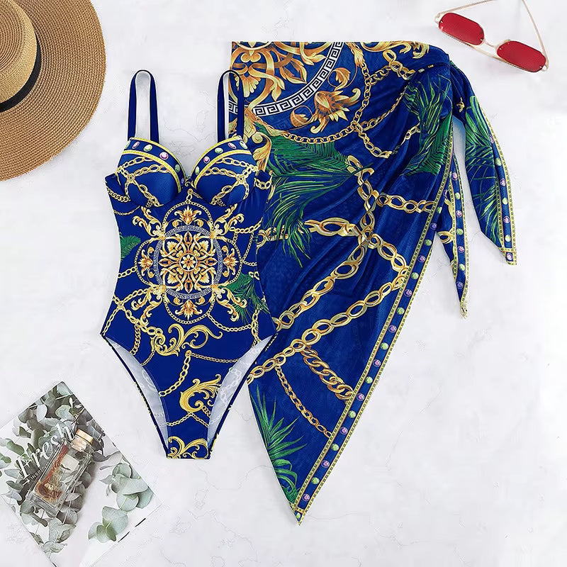 Maiô + Saída de Praia Estampado Estilo Resort Sofisticado