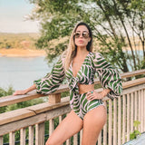 Biquíni Cintura Alta Com Top Cropped Manga Longa Estampado
