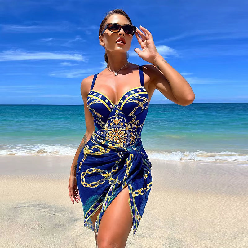 Maiô + Saída de Praia Estampado Estilo Resort Sofisticado