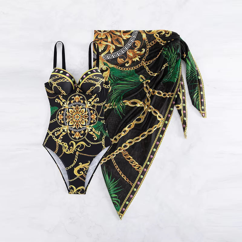 Maiô + Saída de Praia Estampado Estilo Resort Sofisticado