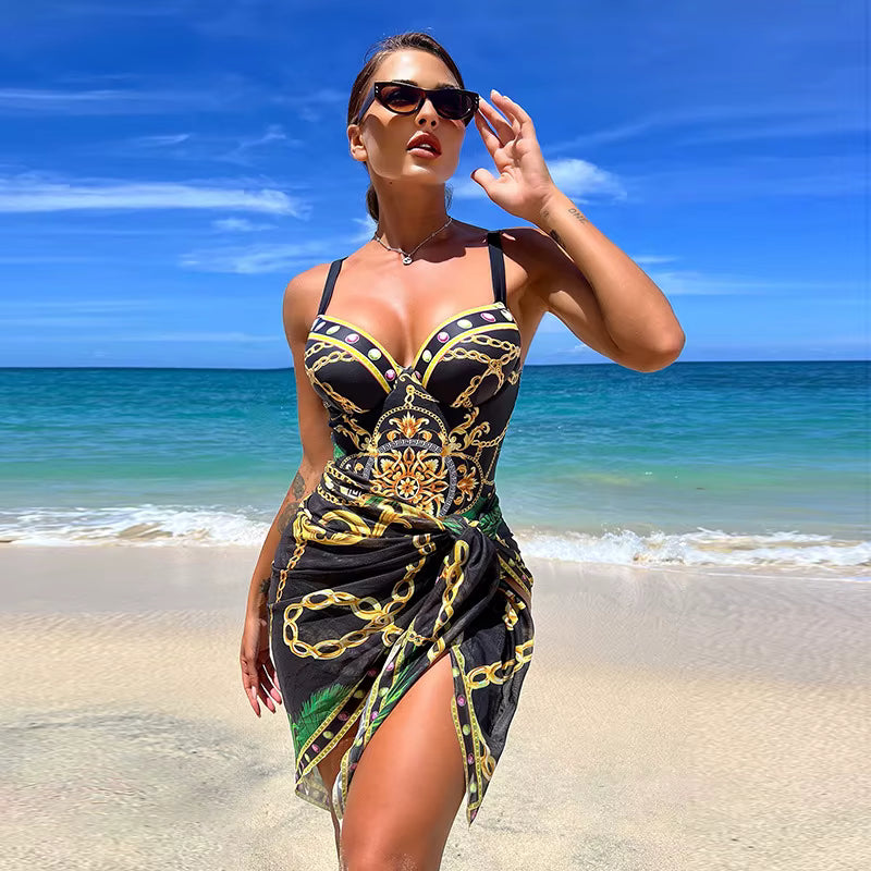 Maiô + Saída de Praia Estampado Estilo Resort Sofisticado