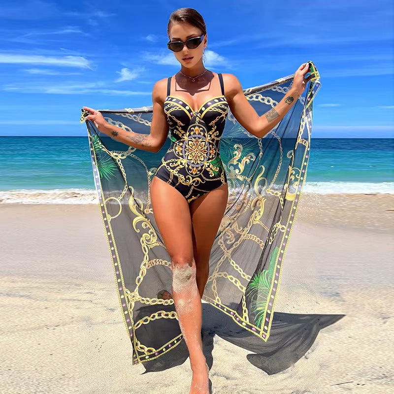 Maiô + Saída de Praia Estampado Estilo Resort Sofisticado