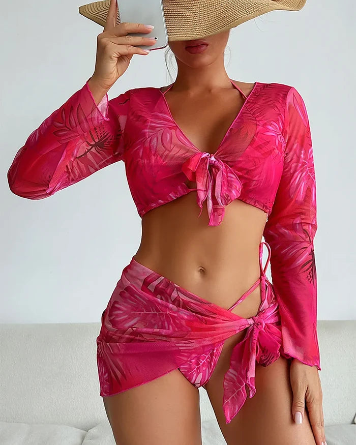 Biquíni + Saída De Praia Com Pareô E Cropped Transparente